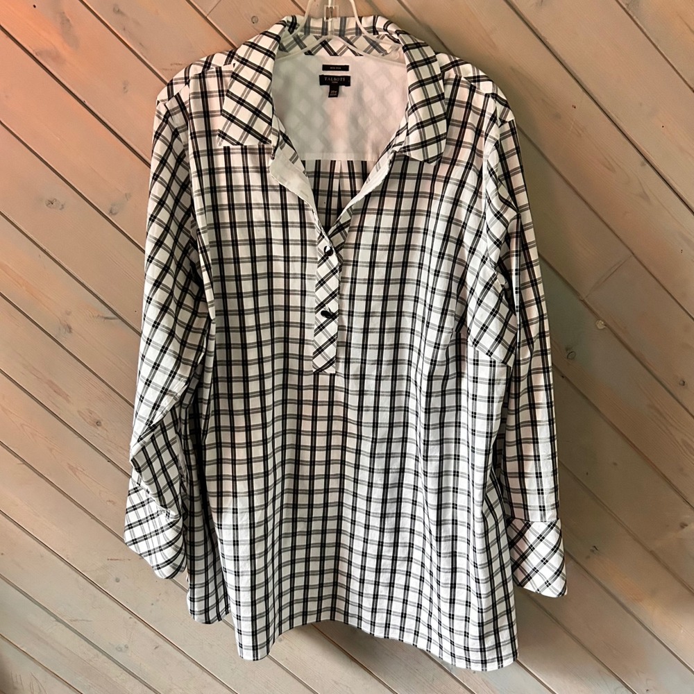 Talbots Woman 20W Non-Iron Plaid Tunic Blouse Black White‎ Long Sleeve Popover
